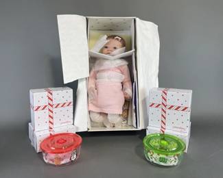 Lot 43 | My Baby Girl Doll and Christmas Glass Bowls
