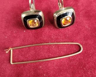 Lot 4j | Sterling Silver Citrine Earrings Plus 14K Pin
