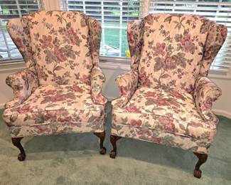 Floral wing back chairs