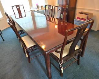 White of Mebane Parsons 62" dining table plus two-22" leafs and six chairs, Mandarin finish