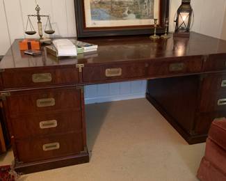 Large campaign style desk. 6 ft wide. Top comes off then two ends for easy move. We take offers for consideration last day of sale. 