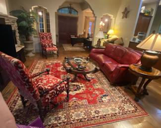 KAZAK DESIGN RUG 9.2 x 11"3 Rugs As Art. High back Arm chairs, Hancock and More Leather Couch Theodore Alexander Side Tables. 