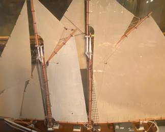 Bluenose replica of a 142 ft Canadian Schooner built in 1921 Fishermans cup trophy winner 1921-1946. Approx 21" x 18". Custom built case 24" x 27"