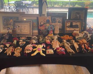 Hand sewn and painted dolls. Fabric Art and quilts. Needlepoint. 