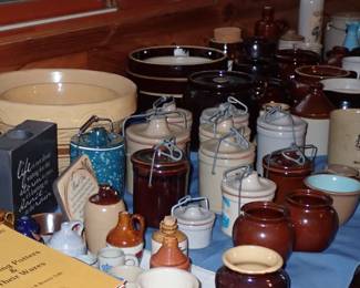 ASSORTED ANTIQUES A FULL ROOM TO UNPACK & CROCKS - REDWING - BEE HIVE - ETC