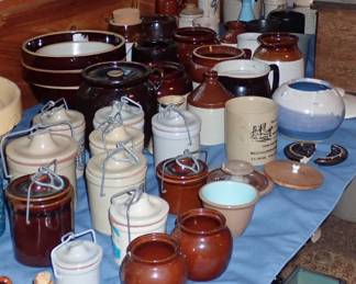 ASSORTED ANTIQUES A FULL ROOM TO UNPACK & CROCKS - REDWING - BEE HIVE - ETC