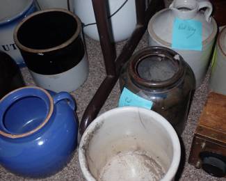ASSORTED ANTIQUES A FULL ROOM TO UNPACK & CROCKS - REDWING - BEE HIVE - ETC