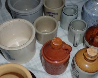 ASSORTED ANTIQUES A FULL ROOM TO UNPACK & CROCKS - REDWING - BEE HIVE - ETC