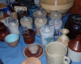 ASSORTED ANTIQUES A FULL ROOM TO UNPACK & CROCKS - REDWING - BEE HIVE - ETC