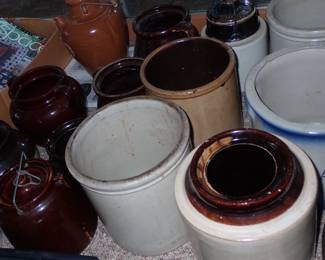 ASSORTED ANTIQUES A FULL ROOM TO UNPACK & CROCKS - REDWING - BEE HIVE - ETC