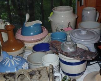 ASSORTED ANTIQUES A FULL ROOM TO UNPACK & CROCKS - REDWING - BEE HIVE - ETC