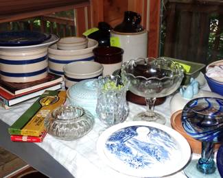 ASSORTED ANTIQUES A FULL ROOM TO UNPACK & CROCKS - REDWING - BEE HIVE - ETC