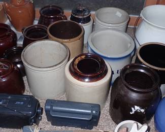 ASSORTED ANTIQUES A FULL ROOM TO UNPACK & CROCKS - REDWING - BEE HIVE - ETC