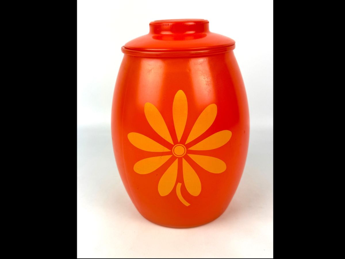 #89 • Bartlett Collins Orange Glass Yellow Flowers Cookie Jar 1950's