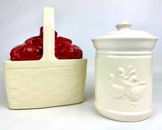 #163 • Two Vintage Ceramic Cookie Jars -White Strawberry Basket & White Jar with Ducks
