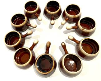 #248 • McCoy Brown Drip Glaze Soup Bowls with Stick Handle - 10 Pieces
