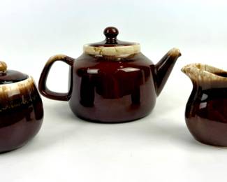 #230 • McCoy Teapot, Creamer & Sugar Bowl in Brown Drip Glaze
