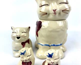 #204 • Shawnee Pottery Puss 'n Boots Collector's Set - Cookie Jar, Creamer Pitcher, Salt & Pepper Shakers - 1940s

