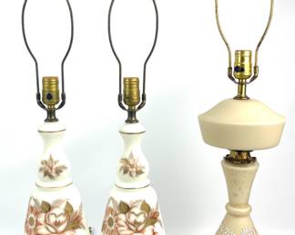 #132 • Hand Painted West German Satin Glass Table Lamps and Single Hand Painted Floral Lamp with Ornate Granite Base
