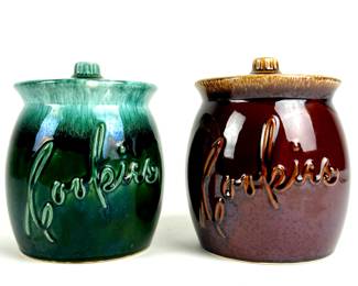 #134 • Hull Pottery Cookie Jars Green & Brown Drip Design - Set of 2
