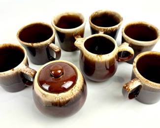 #234 • McCoy Coffee Mugs, Creamer & Sugar Bowl in Brown Drip Glaze
