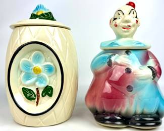 #165 • American Bisque Blue Daisy & Shawnee Pottery Clown Cookie Jars
