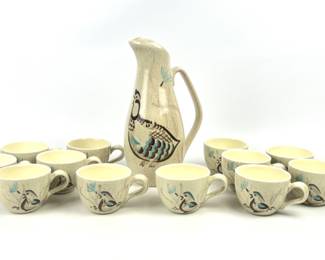 #241 • Red Wing Bob White MCM Quail Pitcher and 14 Cup Set
