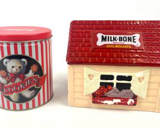 #131 • "Milk-Bone Brand Dog Biscuits" Cookie Jar And Red and White Stripped Teddy Bear Mrs. Fields Cookie Tin
