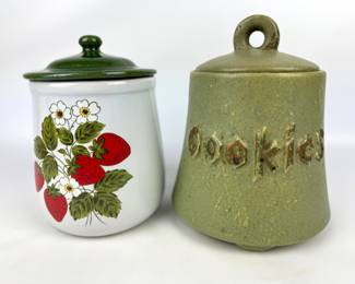 #160 • McCoy Cookie Bell Matte Speckled Green Cookie Jar & Strawberry Cannister
