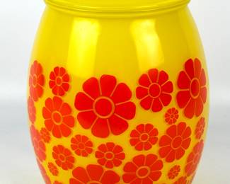 #88 • Bartlett Collins Yellow Glass Orange Flowers Cookie Jar 1950's
