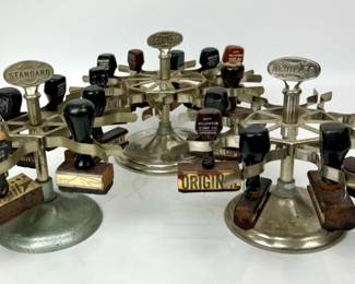 #85 • Three Vintage Metal Stamp Caddies & Collection of Rubber Stamps
