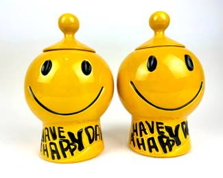 #135 • McCoy Bright Yellow "Have a Happy Day" Cookie Jars - Set of 2

