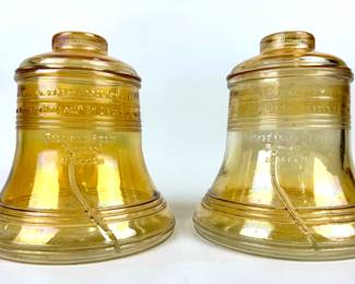 #212 • Two Vintage Carnival Amber Glass Liberty Bell Cookie Jars
