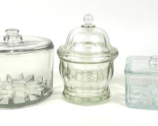 #271 • 1930's Cheese Preserver Jars (2) And Pressed Glass Candy Dish

