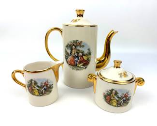 #72 • Kingswood Tea/Coffee Pot with Creamer & Sugar Dish Victorian Courting Scene
