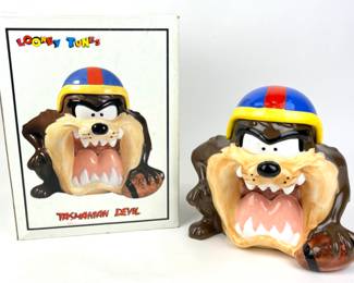 #244 • CIC 1993 Looney Tunes Tasmanian Devil Football Cookie Jar # 6103 With Original Box And Treasure Craft Football Cookie Jar
