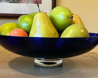 Cobalt blue glass bowl with clear glass base, fruit included if you want it (can be sold separately)
