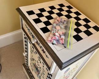 Top game hand painted board detail and game pieces (also hand cut and painted)