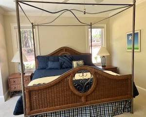 Wicker and wrought iron King Canopy Bed, linens