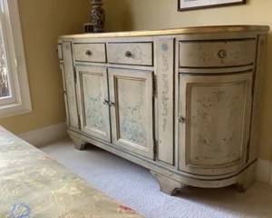 "Century" Vintage Hand Painted buffer/chest, curved side cabinets and doors, hand painted gold leaf rim