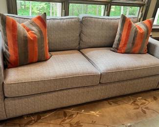 Totally custom 83" gray soft pattern sofa and cushions; immaculate