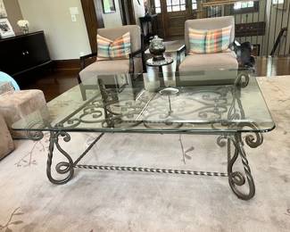 Maitland Smith Rectangular wrought iron and glass coffee table. 46-1/2"W x 59"L