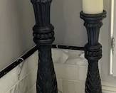 Wood candle stands, L and M sizes. Candles included. Soap dispenser on lower left for scale, not for sale.