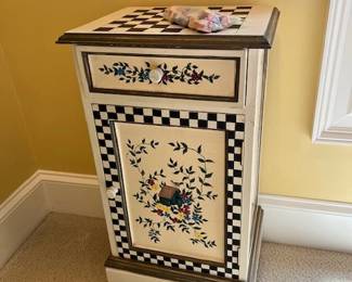 One of a kind, hand painted small "Game" cabinet and drawer. Top has Chess or checkers pattern, hand painted game pieces.