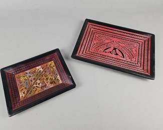 Lot 240 | 2 Vtg Black Lacquer & Etched Serving Trays