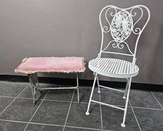 Lot 404 | Vintage Wrought Iron Patio Chair & Stool