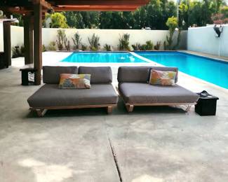 $1,200 for the set. (55 x 29 x 14 H) 
Henry Hall Designs Fine Outdoor San Francisco
Armless Couch, Indoor/Outdoor/Poolside
Stainless Steel Frames and Platforms. Removable Covers, firm 5" thick mattress, with 2-detachable pillows each.  