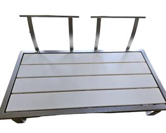 55 x 29 x 14 H 
Henry Hall Designs Fine Outdoor San Fransico
Armless Couch, Indoor/Outdoor/Poolside
Stainless Steel Frames and Platforms. Removable Covers, firm 5" thick matteress, with 2-detachable pillows each.  
