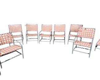 Available!! *** Brown Jorden, Cantina Patio Set, 1960's
The Canina Patio Set is in fantastic condition! All vinyl strapping in great condition including the aluminum frame. Great condition for the age. These patio sets are life time sets! When ready a Powder Coat Restoration, and new Vinyl, they will live another 50 yrs or more!! Manufactured by the Tropitone Commercial Division of Brown Jordan. Pure Quality!!  
Vinyl is a salmon/pink, the frames are metal gray.  
***Pieces Are As Follows***
3- Chaise Lounge Chairs (64" x 26")
6-Dinner Chairs (21 W x 21 D x 17 seat height) (Back of Chair 18" H) 
2- Low seating lounge chairs (20 x22")
2-Dinning Tables with  (64 R x 28-1/2) Acrylic 
2-Side Tables, (24" x 24") 