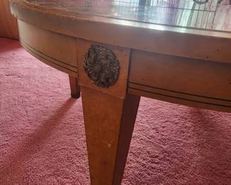 Vintage Marble Top Coffee Table Hand Made by Charak Furniture
Numbered (4792) and dated 4-7-54, this lovely Mid-Century Modern coffee table has a stunning green marble top and brass accents on the legs.
It is 34" round and 16" high. Hand made by Charak Furniture of Bolton, MA.
